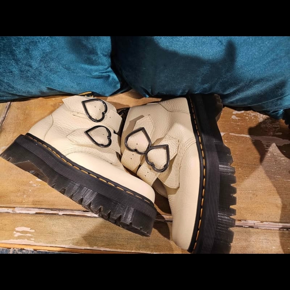 Dr. Martens Ivory Combat Boots with Black Heart Details